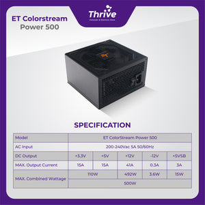 ET ColorStream Power 500 - High Performance ATX Power Supply, 500W, RGB Fan, 80 Plus Bronze