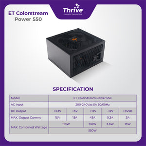 ET ColorStream Power 550 - High Performance ATX Power Supply, 550W, RGB Fan, 80 Plus Bronze