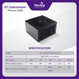 ET ColorStream Power 600 - High Performance ATX Power Supply, 600W, RGB Fan, 80 Plus Bronze