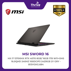 MSI SWORD 16 HX I7 13700HX RTX 4070 8GB/ 16GB 1TB W11+OHS 16.0QHD 240HZ 100DCIP3 24ZRGB 2Y GRY -B13VGKG.684