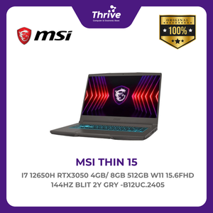 MSI THIN 15 I7 12650H RTX3050 4GB/ 8GB 512GB W11 15.6FHD 144HZ BLIT 2Y GRY -B12UC.2405