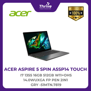 ACER ASPIRE 5 SPIN A5SP14 TOUCH I7 1355 16GB 512GB W11+OHS 14.0WUXGA FP PEN 2IN1 GRY -51MTN.7819