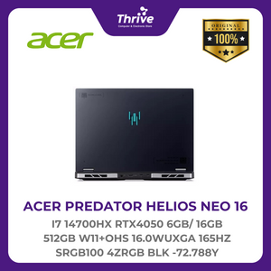 ACER PREDATOR HELIOS NEO 16 I7 14700HX RTX4050 6GB/ 16GB 512GB W11+OHS 16.0WUXGA 165HZ SRGB100 4ZRGB BLK -72.788Y