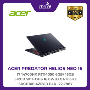 ACER PREDATOR HELIOS NEO 16 I7 14700HX RTX4050 6GB/ 16GB 512GB W11+OHS 16.0WUXGA 165HZ SRGB100 4ZRGB BLK -72.788Y