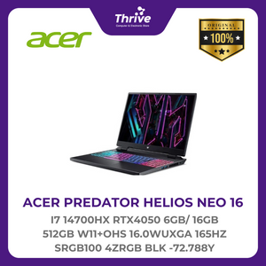 ACER PREDATOR HELIOS NEO 16 I7 14700HX RTX4050 6GB/ 16GB 512GB W11+OHS 16.0WUXGA 165HZ SRGB100 4ZRGB BLK -72.788Y