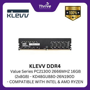 KLEVV DDR4 Value Series PC21300 2666MHZ 16GB (2x8GB) - KD48GU880-26N190D - COMPATIBLE WITH INTEL & AMD RYZEN