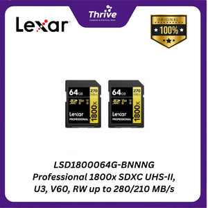 LSD1800064G-BNNNG Professional 1800x SDXC UHS-II, U3, V60, RW up to 280/210 MB/s.