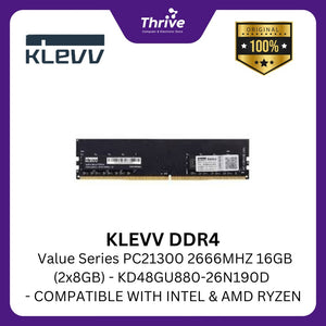 KLEVV DDR4 Value Series PC21300 2666MHZ 16GB (2x8GB) - KD48GU880-26N190D - COMPATIBLE WITH INTEL & AMD RYZEN