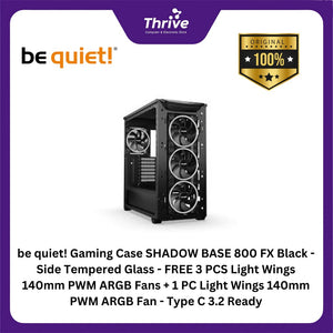 be quiet! Gaming Case SHADOW BASE 800 FX Black - Side Tempered Glass - FREE 3 PCS Light Wings 140mm PWM ARGB Fans + 1 PC Light Wings 140mm PWM ARGB Fan - Type C 3.2 Ready