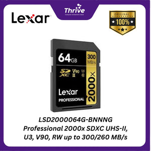 LSD2000064G-BNNNG Professional 2000x SDXC UHS-II, U3, V90, RW up to 300/260 MB/s.