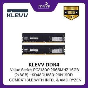 KLEVV DDR4 Value Series PC21300 2666MHZ 16GB (2x8GB) - KD48GU880-26N190D - COMPATIBLE WITH INTEL & AMD RYZEN