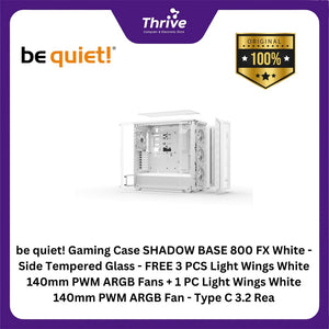 be quiet! Gaming Case SHADOW BASE 800 FX White - Side Tempered Glass - FREE 3 PCS Light Wings White 140mm PWM ARGB Fans + 1 PC Light Wings White 140mm PWM ARGB Fan - Type C 3.2 Rea