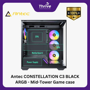 Antec CONSTELLATION C3 BLACK ARGB - Mid-Tower Gaming Case - Massive Airflow via Honeycomb Mesh - 4mm Tempered Glass Side Panel - Type-C 3.2 Gen 2 Ready - Free 3Pcs 120mm PWM ARGB F