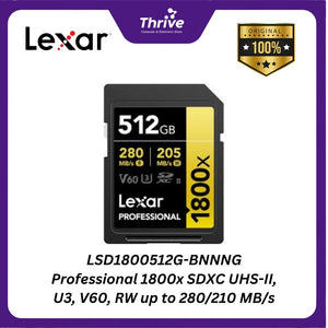 LSD1800512G-BNNNG Professional 1800x SDXC UHS-II, U3, V60, RW up to 280/210 MB/s.